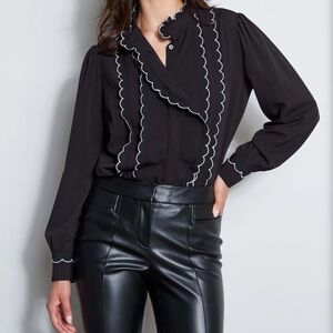 Elie Tahari Scallop Rae Button Down Ruffled Blouse Shirt